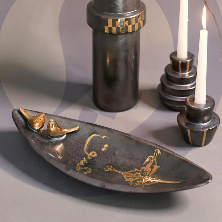 ESHGH, Kalligraphie-Servierplatte aus Keramik, stahlfarben, oval, handgefertigt