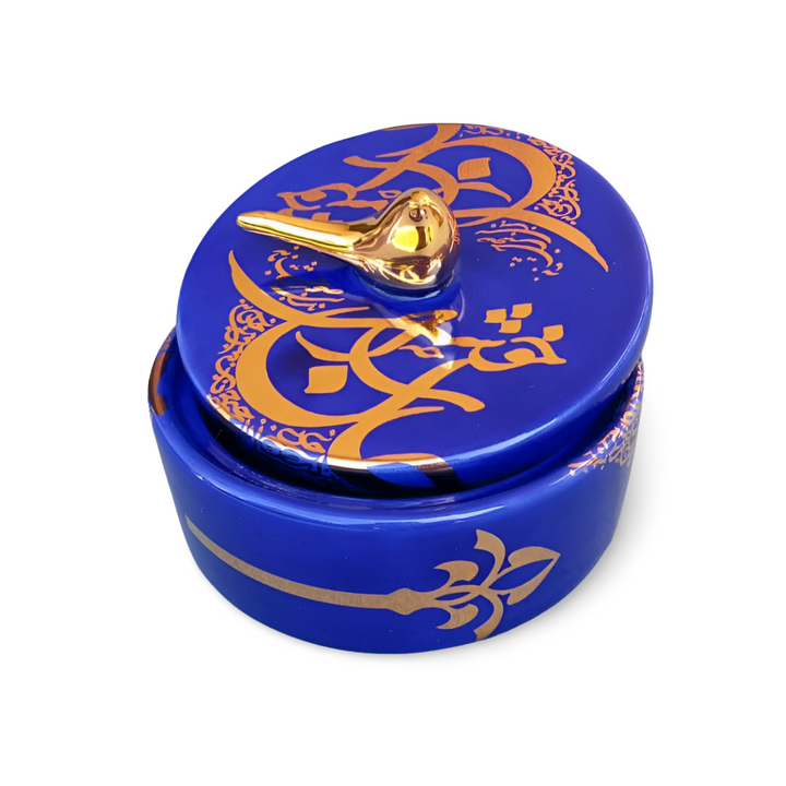 KHOSHTAR AZ JAN, Kalligraphie-Bonbonschale aus Keramik, blau, rund, handgefertigt