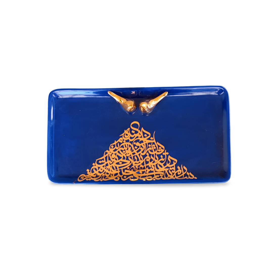 Goldene SIAHMASHGH, Kalligraphie-Servierplatte aus Keramik, blau, rechteckig, handgefertigt